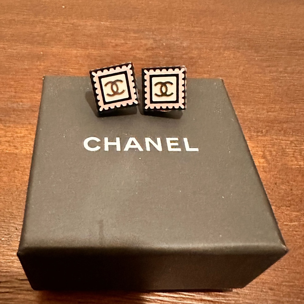 Black pink and white Chanel squared earrings. Used about two times.